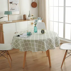 Nordic minimalist light green linen round tablecloth with white geometric lattice patterns