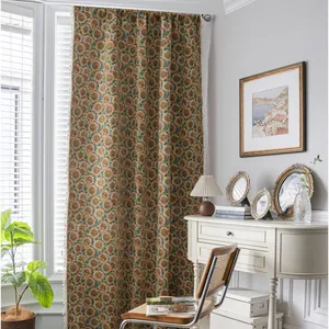 Retro groene jacquard gordijnen met zonnebloemen en witte franjes voor slaap- en woonkamer