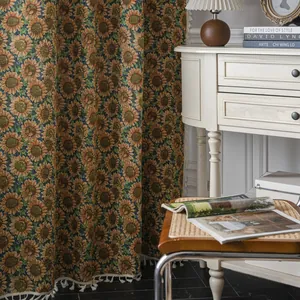 Gordijnen met zonnebloempatroon en pomponfranjes voor slaapkamer en woondecoratie