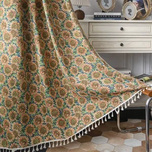 Jacquard gordijn met zonnebloempatroon en witte franjes voor huisdecoratie
