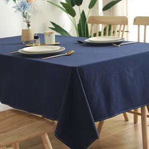 Navy blue cotton linen tablecloth featuring exquisite white contrast stitching on edges