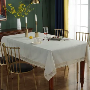 Nordic Minimalist Slub Linen Tablecloth With Crochet Lace Edge Elegant Rectangle Table Cover For Dining Room Kitchen Decor