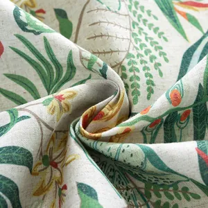 European vintage linen tablecloth with tropical plant print and ruffled bicolor edges