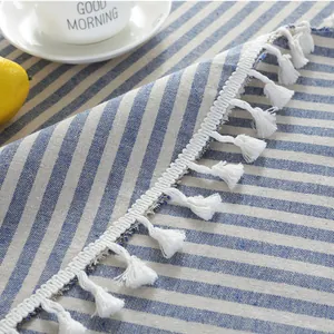 Japanese style blue striped cotton linen round tablecloth with elegant white tassels