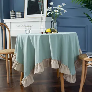 European vintage sage green round tablecloth with ruffled beige edges for dining home decor