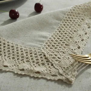 Nordic minimalist linen tablecloth with geometric crochet lace trim and rustic texture