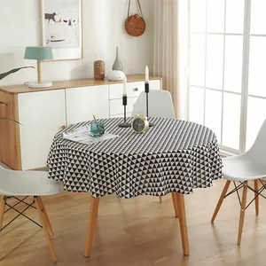 Nordic minimalist round cotton linen tablecloth with black and white triangle pattern