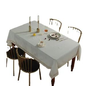 Minimalist Nordic rectangle tablecloth with delicate lace edging in light grey linen