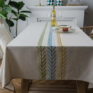Noords Borduurwerk Tafelkleed Linnenlook Polyester Geometrische Bladeren Eettafel Kleed Voor Thuis Keuken Vierkant Rechthoekig Decoratie