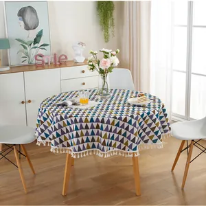 Nordic round tablecloth with colorful triangle patterns and white fringe edge decor