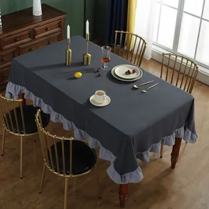 Europese vintage gewassen katoenen tafelkleed met ruches in grijs patchwork design