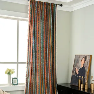 Bohemian Bronzing Green Stripe Tassel Curtain Cotton Fabric Rod Pocket Hook Style Ethnic Window Treatment For Bedroom Hotel