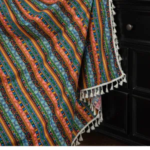Bohemian cotton linen curtain with colorful stripes and decorative white tassel edges
