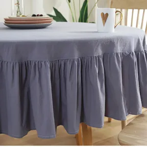 Detail of grey ruffled edge tablecloth with premium linen texture for round dining tables