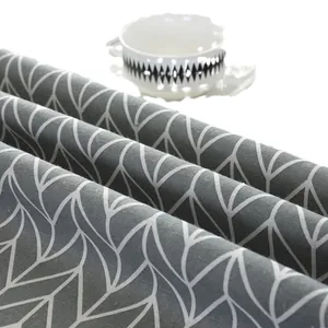 Grey Nordic style round tablecloth with white geometric leaf patterns and texture
