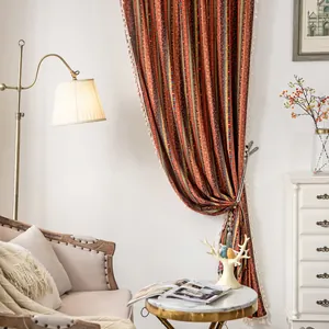 Bohemian striped cotton linen curtain with white fringe and decorative tassel tieback