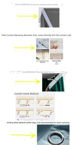 Detail showing Velcro, rod pocket, hooks, and grommet installation options for curtains