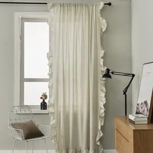 Nordic minimalist cream linen curtain with ruffled edges and rod pocket design