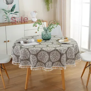 Nordic round cotton linen tablecloth with gray mandala print and white tassel edge