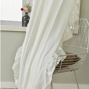 Close-up of white cotton curtains with ruffle edges against a modern green wall decor