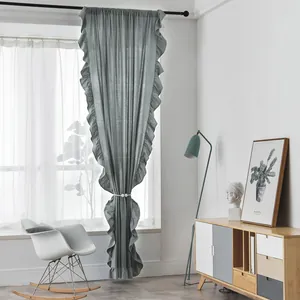 Nordic minimalist grey-blue ruffled blackout curtain with magnetic tieback for bedroom