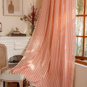 Nordic Boho Polyester Cotton Curtains Striped Pattern With Tassels Semi-Blackout Window Treatment For Living Room Bedroom
