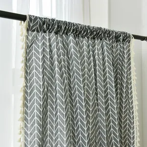 Nordic gray and white geometric cotton linen curtain with elegant tassel trim