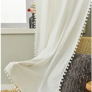 Minimalist white curtain with pom-pom lace trim for elegant bedroom window decor
