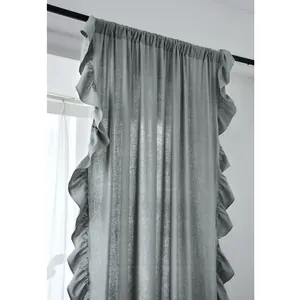 Detailed view of grey ruffled curtains with pole pocket design on a metal rod