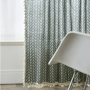 Nordic gray and white geometric cotton linen curtain with tassel fringe for home decor