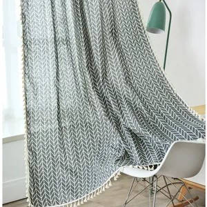 Nordic gray white herringbone cotton linen curtain with decorative tassels for living room
