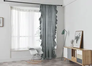 Detail showing sage green linen curtain with ruffles and pole pocket design