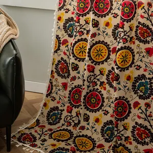 Bohemian sunflower mandala cotton linen throw blanket with white tassels on sofa