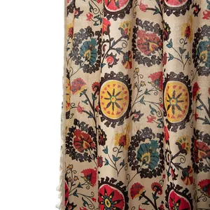 Bohemian suzani style sunflower curtain with tassels on beige cotton linen fabric