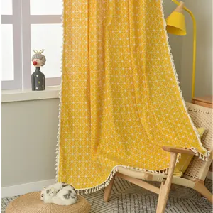 Yellow Nordic geometric cotton linen curtain with white tassel fringe and grid pattern