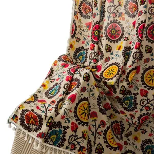 Bohemian sunflower mandala cotton linen curtain with vintage ethnic patterns and white tassels