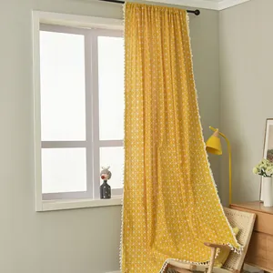 Modern yellow geometric cotton linen curtain with white fringe tassels for bedroom decor
