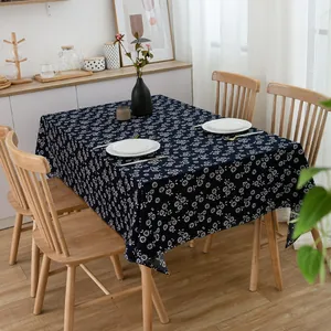 Navy Blue Cotton Linen Tablecloth White Daisy Floral Print Vintage Ethnic Style Dustproof Table Cover For Dining Room Home Decor