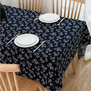 Blue rectangular cotton linen tablecloth with white floral patterns for dining tables