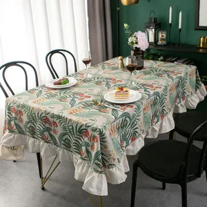 Tropical leaf and floral cotton linen rectangular tablecloth with white ruffled edges