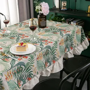 Nordic green plant print tablecloth with elegant ruffle edge in linen cotton fabric