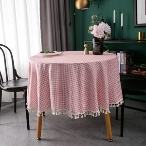 Nordic Round Tablecloth Cotton Linen Checkered Geometric Pattern With Tassels For Dining Table Home Decor Kitchen Tablecloth