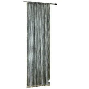 Nordic gray and white geometric curtain with fishbone pattern and fringe trim