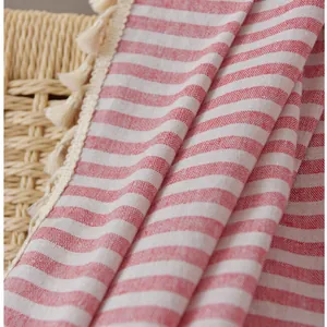 Japanese style red striped cotton linen curtain with fringe details in farmhouse style