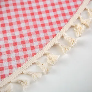 Pink plaid cotton linen tablecloth featuring exquisite beige tassel edges in a soft style
