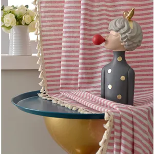 Japanese style red striped cotton linen curtain with fringe tassels in home setting