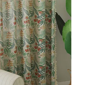 Tropical green palm leaves and red floral printed linen curtains with beige tassel trim