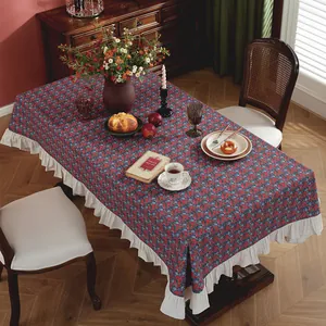 Retro floral tablecloth with ruffles and botanical print for rectangular dining tables
