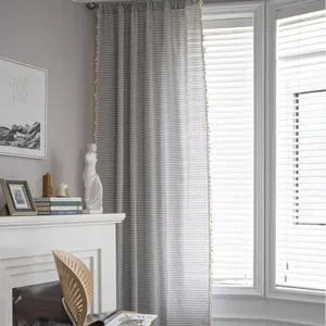 Nordic grey and white striped cotton linen curtains with tassel edges for bedroom