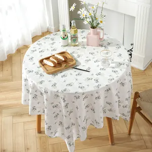Floral embroidered cotton linen round tablecloth with daisy pattern for dining decor